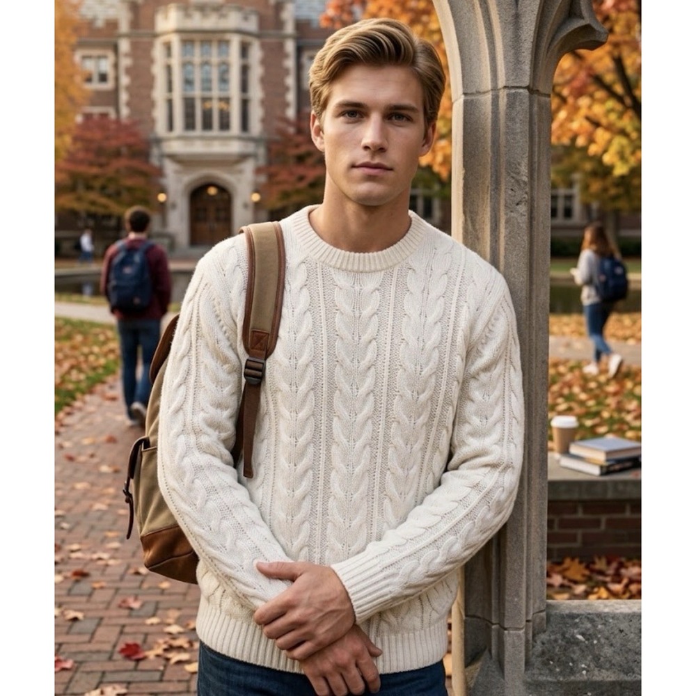Goodfellow & Co Sweater Mens Large Cream Cable Knit Crewneck Fisherman Pullover